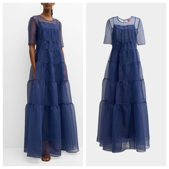 STAUD Hyacinth Short-Sleeve Tiered Organza Maxi Dress Navy - Picture 2 of 4
